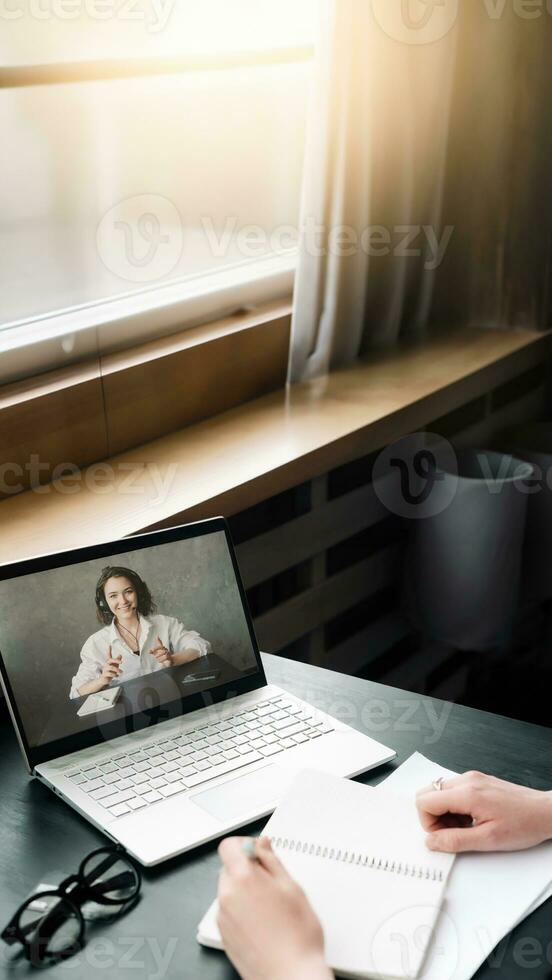 Online Meeting and Collaboration. Woman Engages in Discussion, Work from Home, Freelance, Video Conferencing, Distance Education, and Online Dating Concept photo