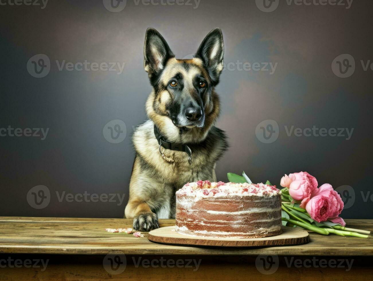 Adorable dog posing with a birthday cake at a celebration AI Generative photo