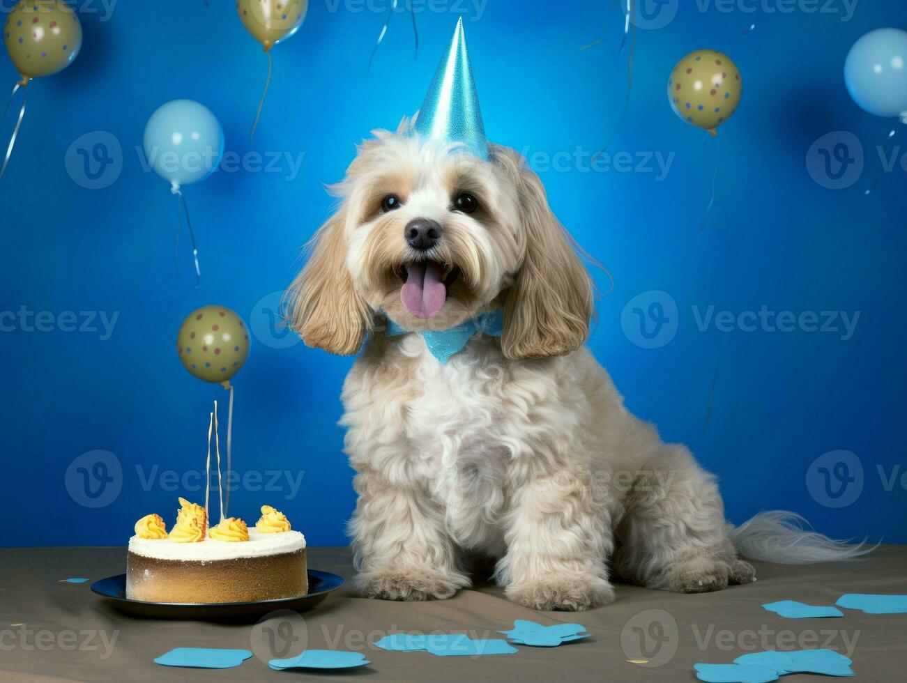 Adorable dog posing with a birthday cake at a celebration AI Generative photo