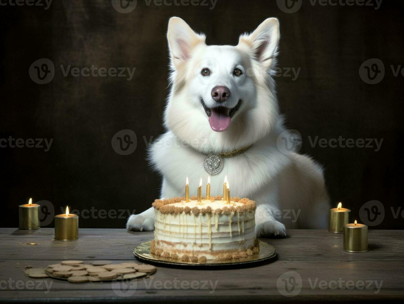 Adorable dog posing with a birthday cake at a celebration AI Generative photo
