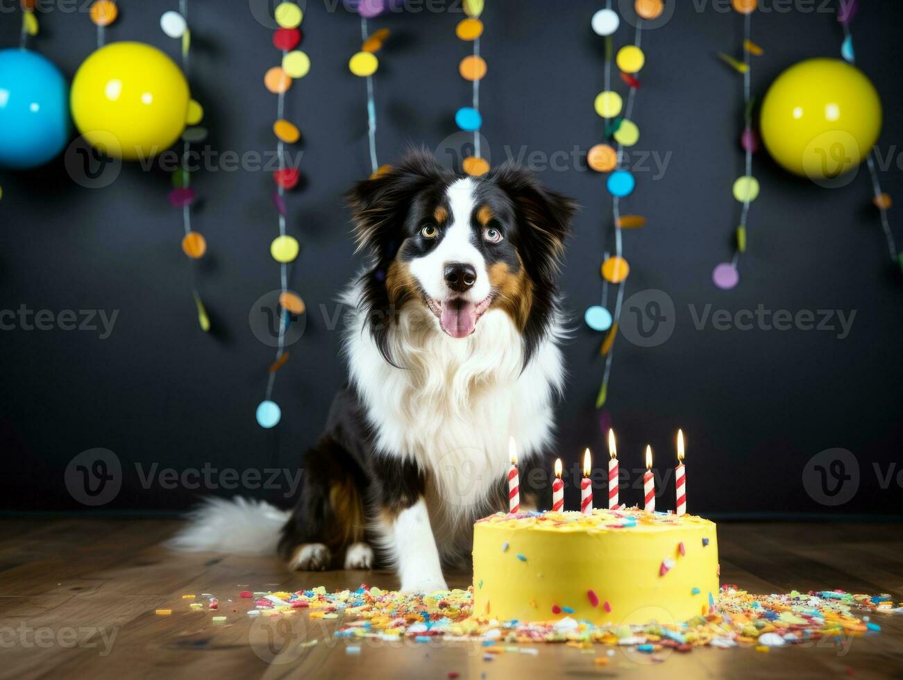 Adorable dog posing with a birthday cake at a celebration AI Generative photo