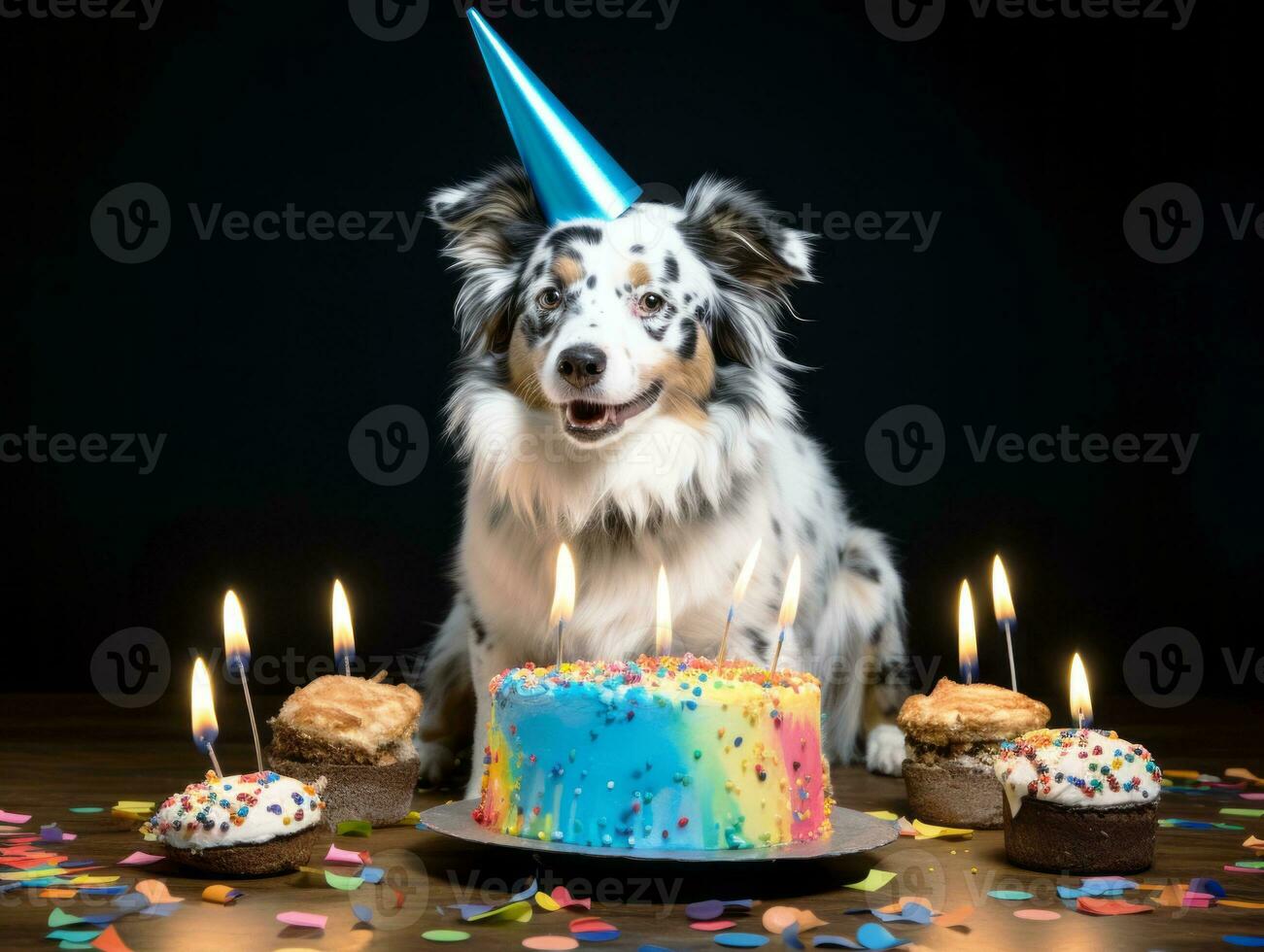 Adorable dog posing with a birthday cake at a celebration AI Generative photo