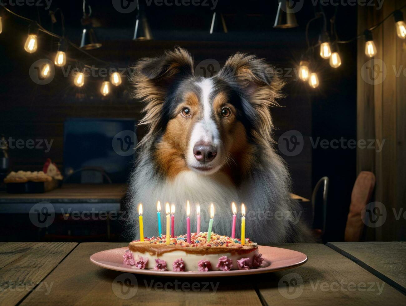 Adorable dog posing with a birthday cake at a celebration AI Generative photo