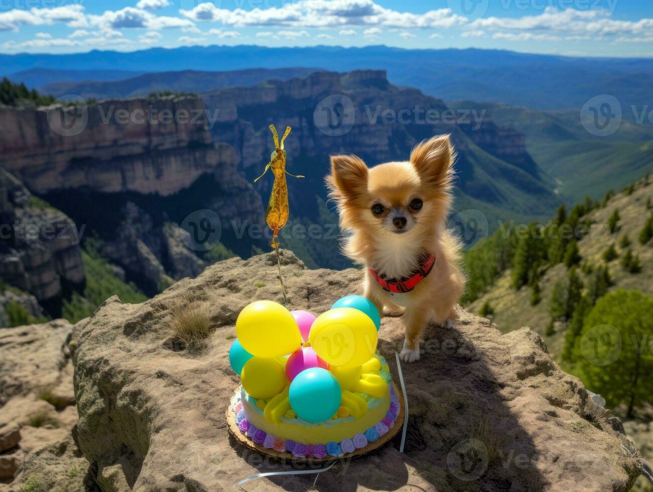 Adorable dog posing with a birthday cake at a celebration AI Generative photo