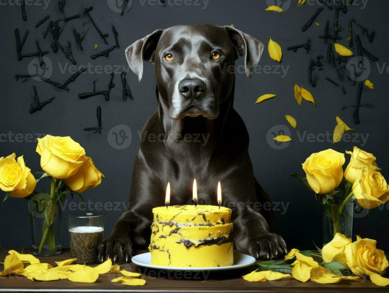 Adorable dog posing with a birthday cake at a celebration AI Generative photo