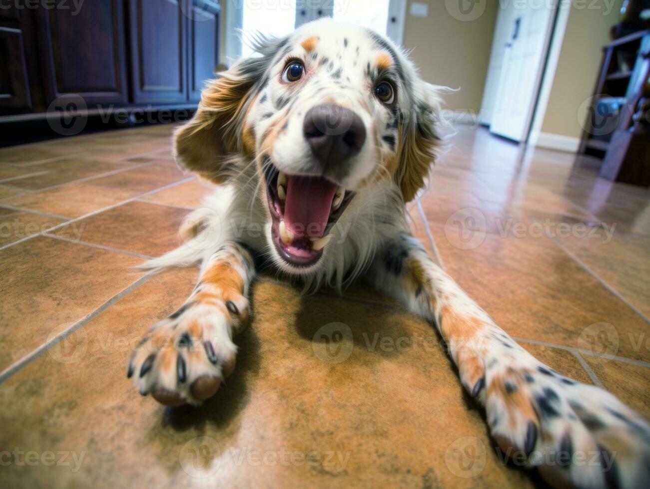 Content dog enjoying in the living room floor AI Generative photo