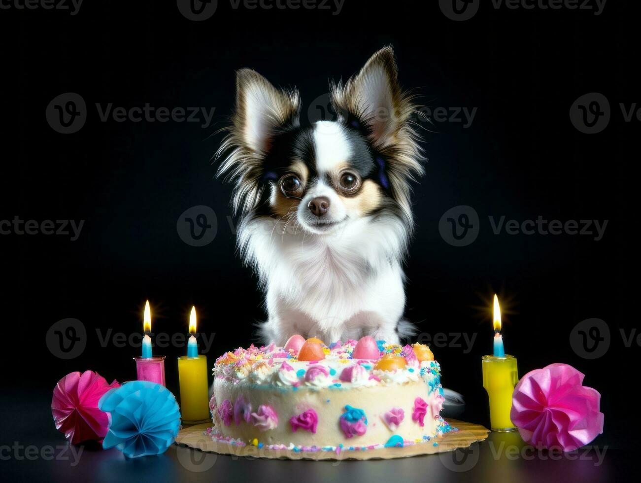Adorable dog posing with a birthday cake at a celebration AI Generative photo