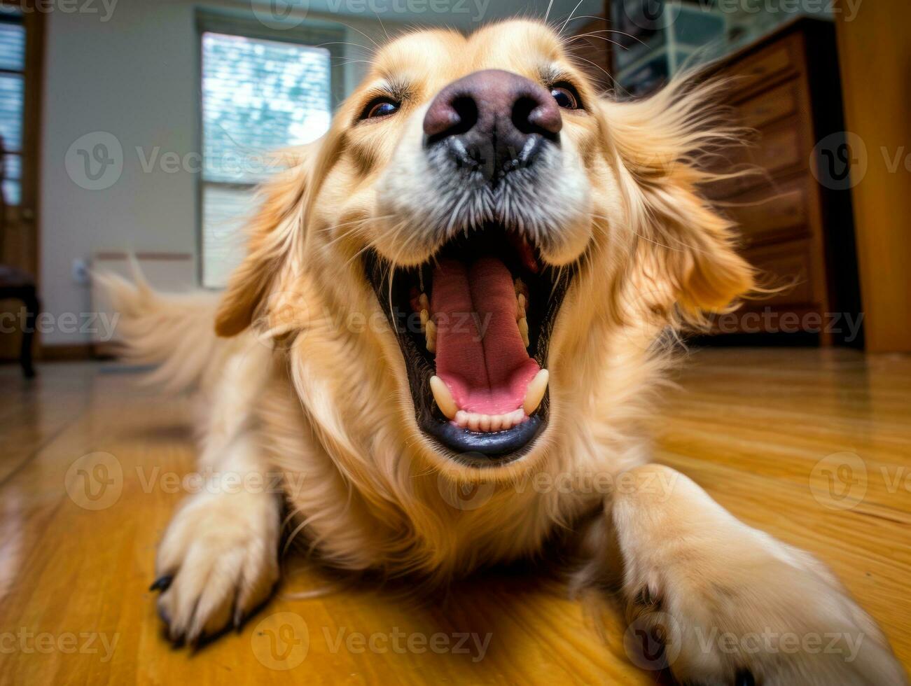 Content dog enjoying in the living room floor AI Generative photo