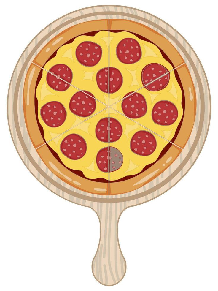 Pepperoni whole pizza on wooden tray flat design vector