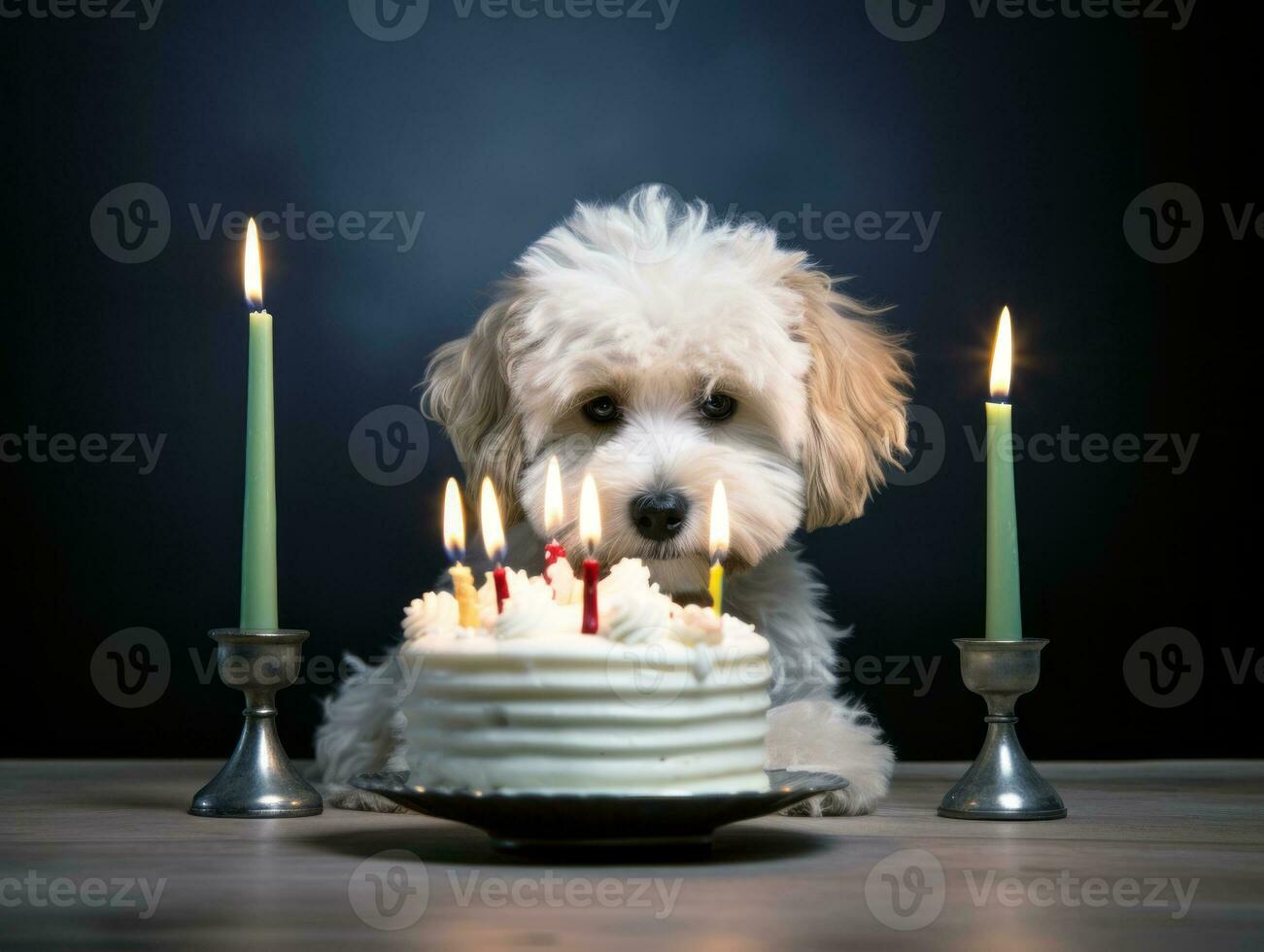 Adorable dog posing with a birthday cake at a celebration AI Generative photo