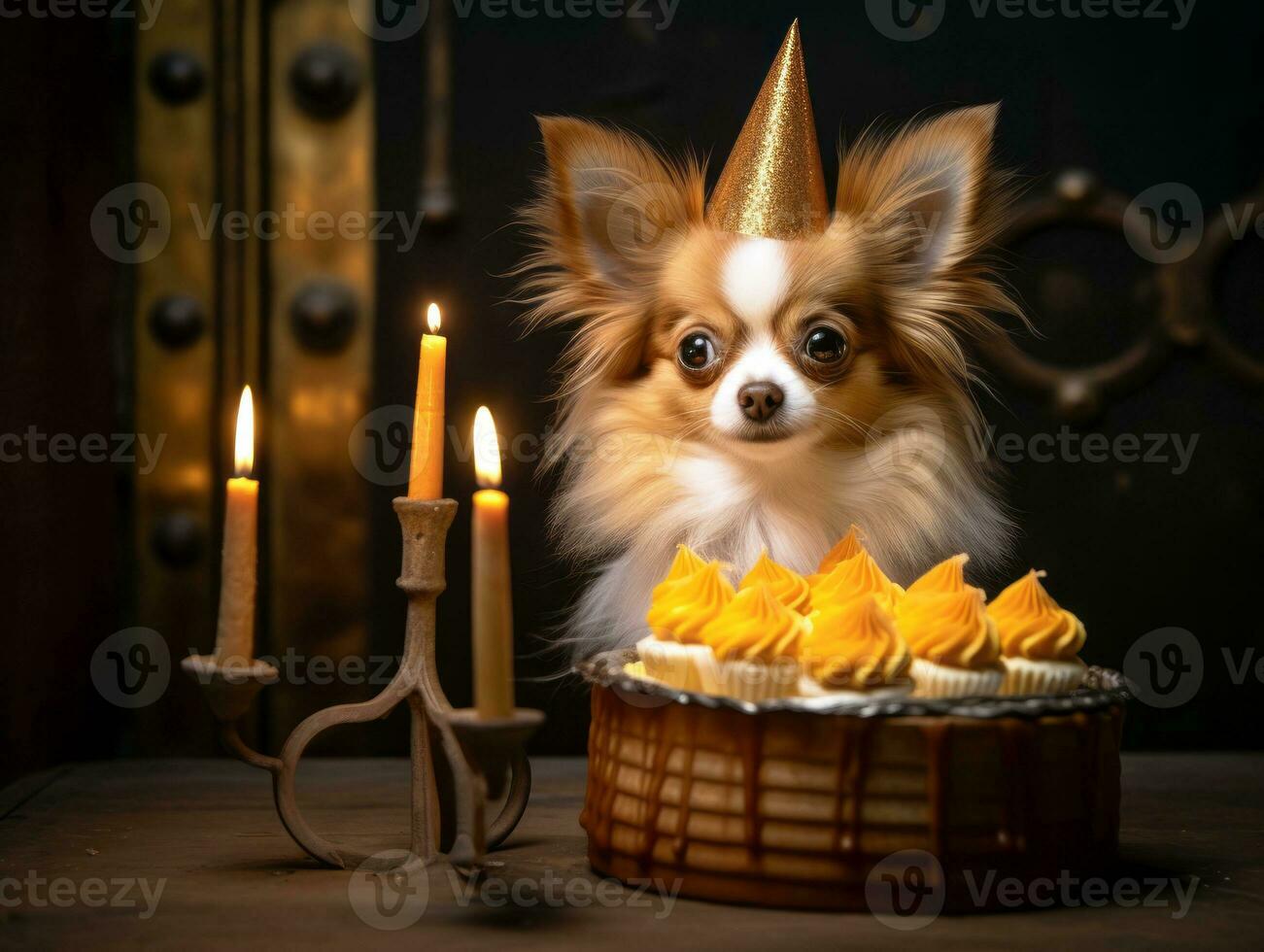 Adorable dog posing with a birthday cake at a celebration AI Generative photo