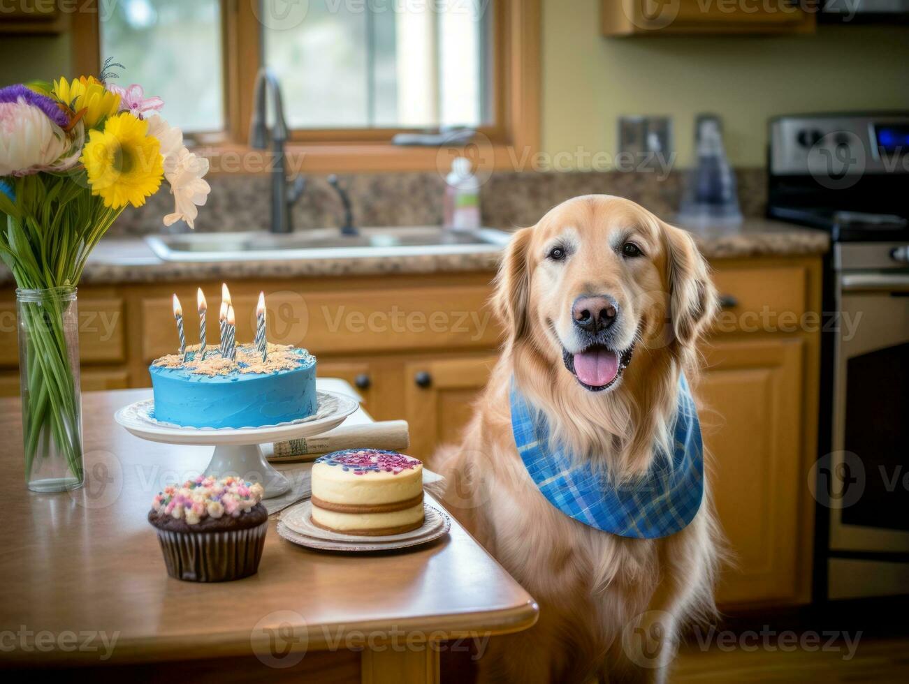 Adorable dog posing with a birthday cake at a celebration AI Generative photo