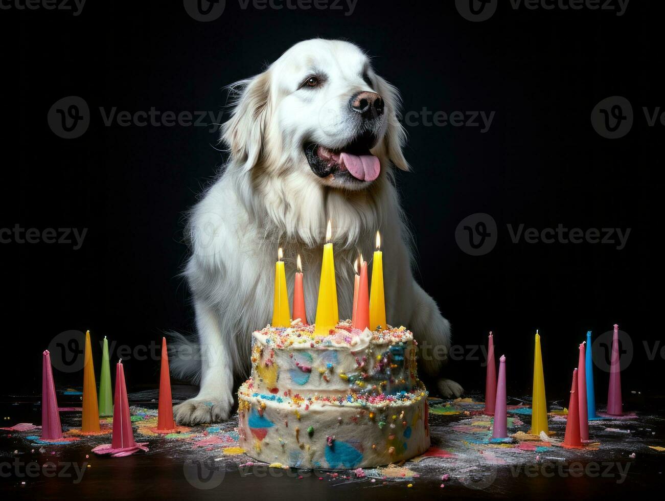 Adorable dog posing with a birthday cake at a celebration AI Generative photo