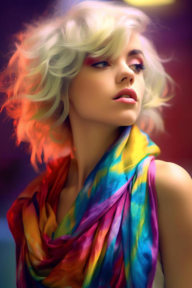 Portrait of a blonde woman in bright clothes, studio close-up photo, art photo