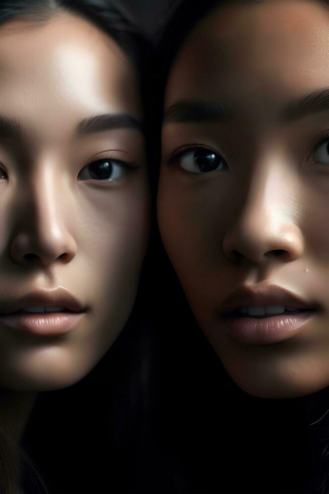 retrato de dos asiático mujer, de cerca, natural suave Encendiendo, ai generado Arte foto