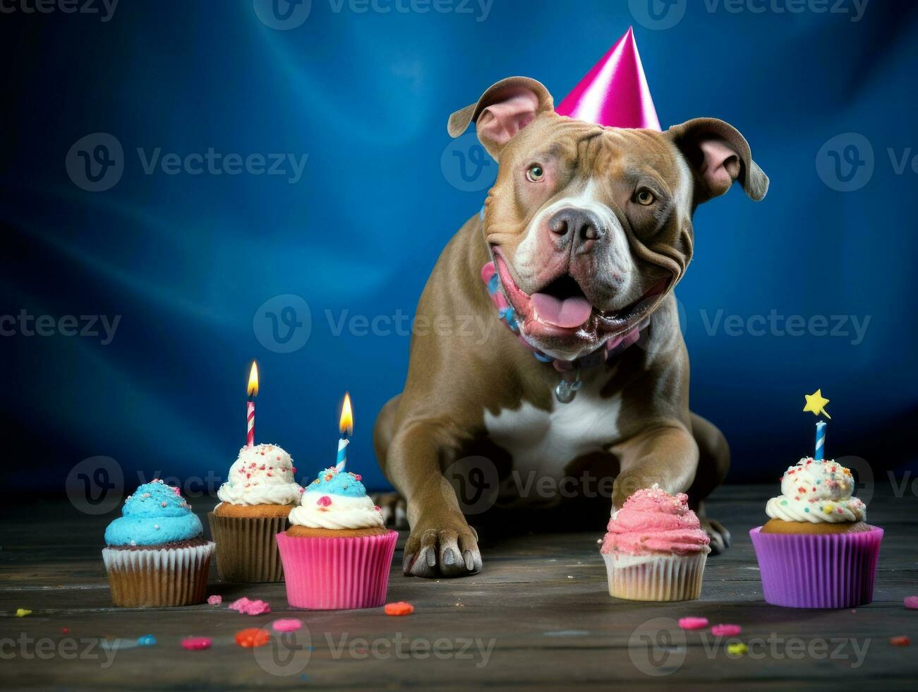 Adorable dog posing with a birthday cake at a celebration AI Generative photo