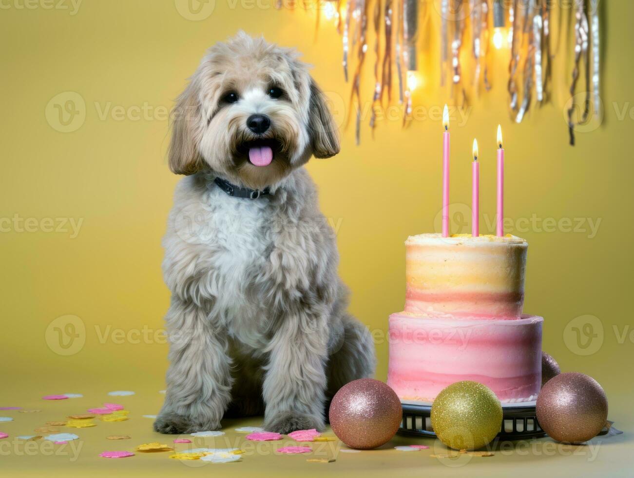 Adorable dog posing with a birthday cake at a celebration AI Generative photo
