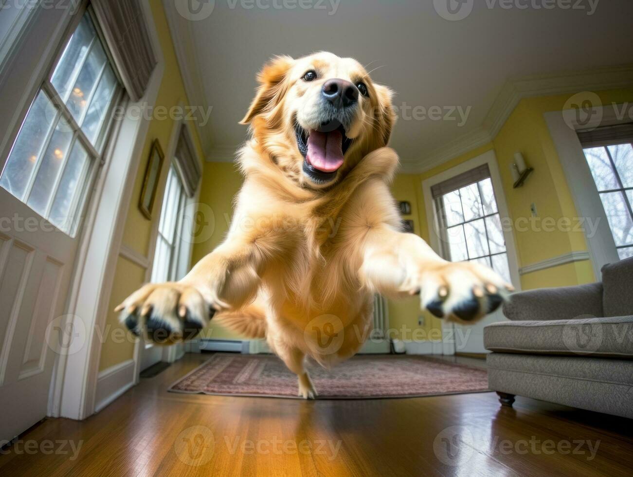 Content dog enjoying in the living room floor AI Generative photo