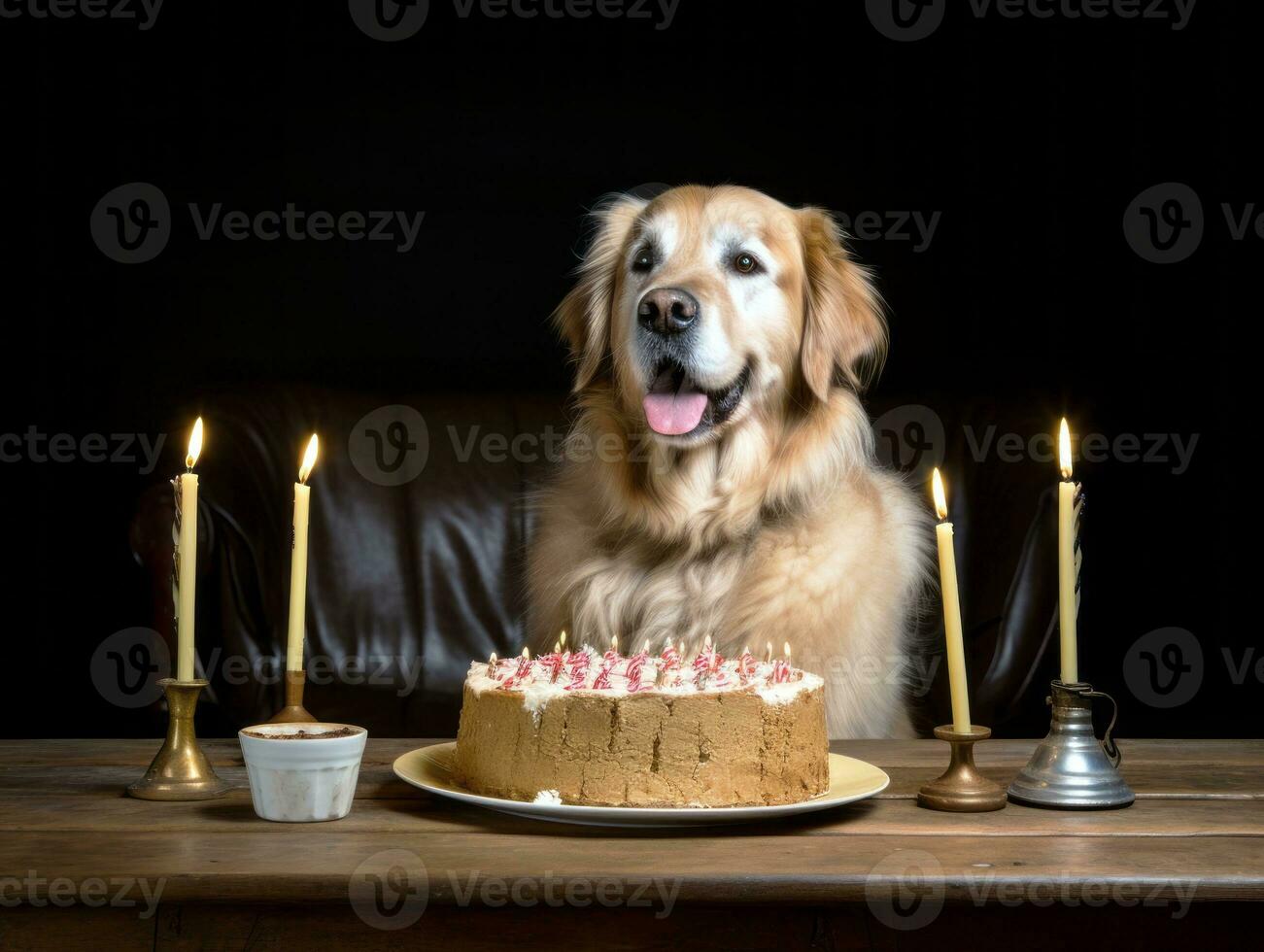 Adorable dog posing with a birthday cake at a celebration AI Generative photo