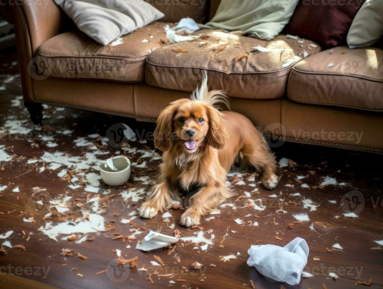 Content dog enjoying in the living room floor AI Generative photo