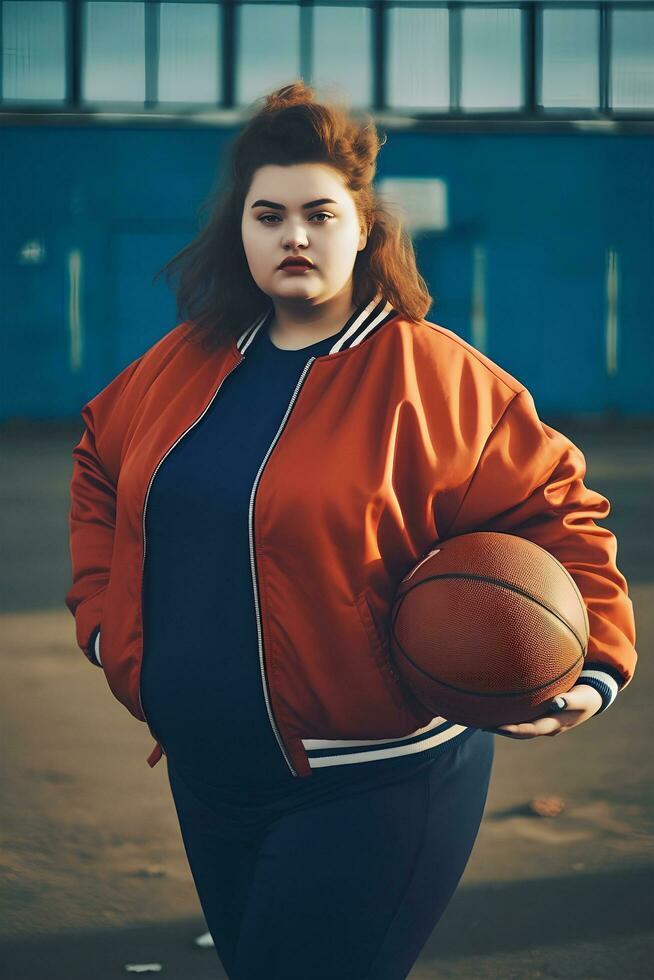 cuerpo positivo hembra atleta con un baloncesto, posando para el cámara, , natural luz, ai generativo Arte foto