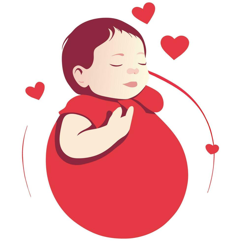 Newborn baby girl close eyes sleeping love red heart flat illustrated vector