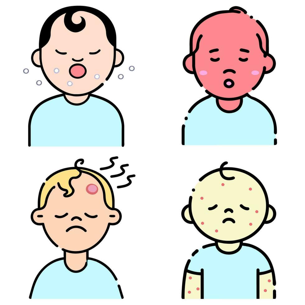Icon set sick kid belch retch fever temperature abscess bubonic head Injury vector