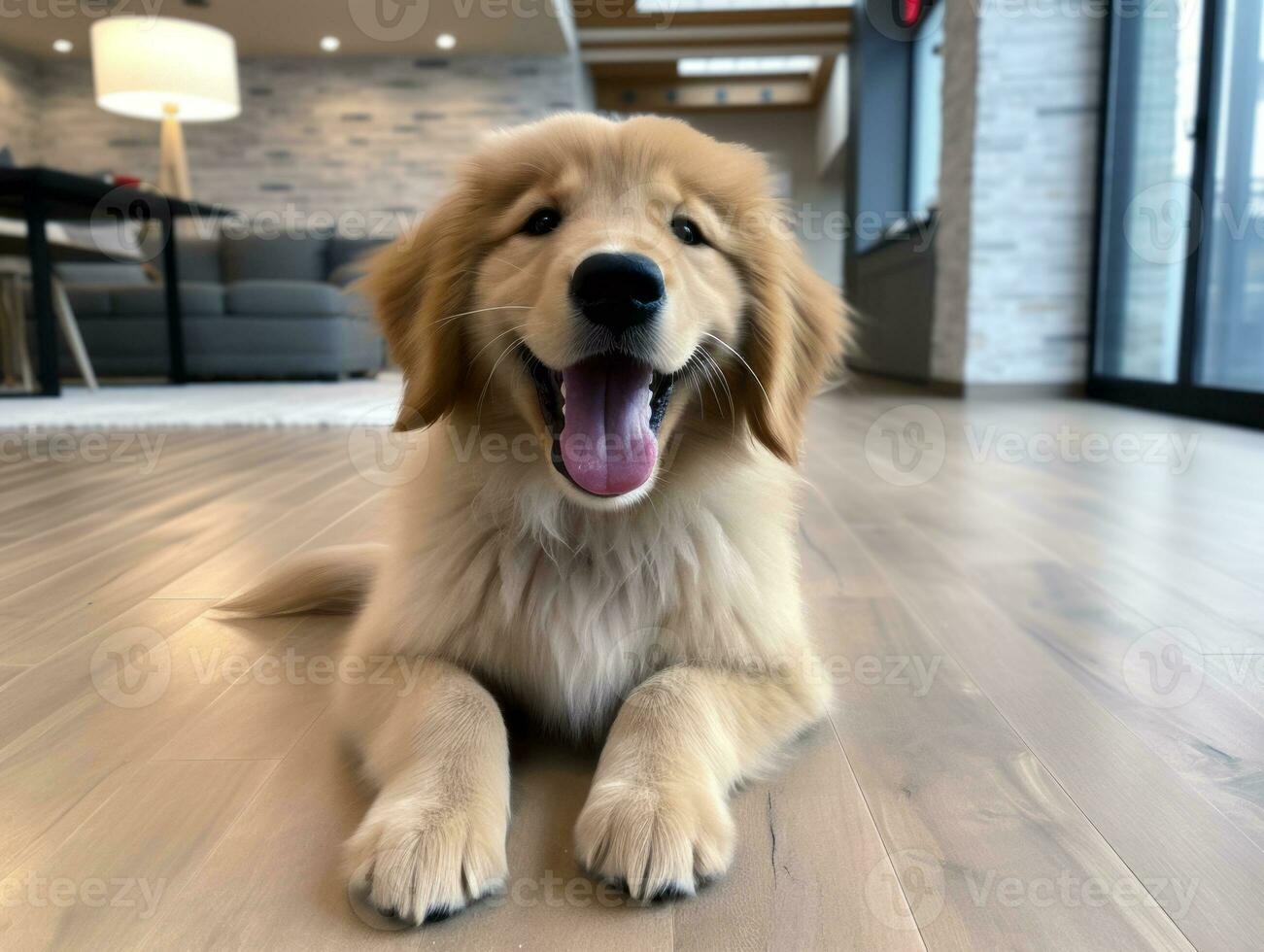 Content dog enjoying in the living room floor AI Generative photo