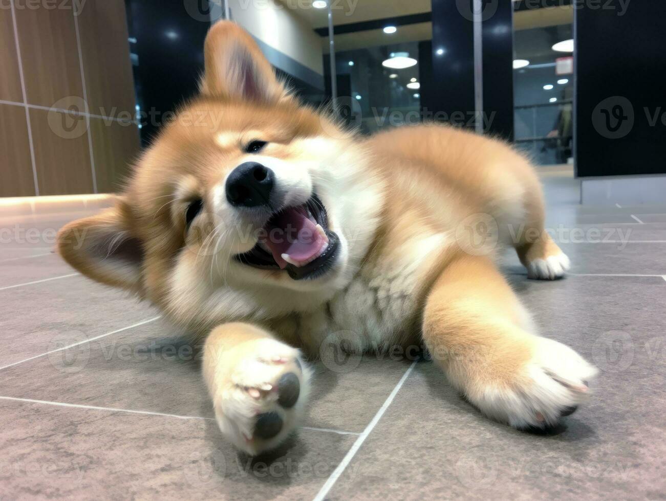 Content dog enjoying in the living room floor AI Generative photo