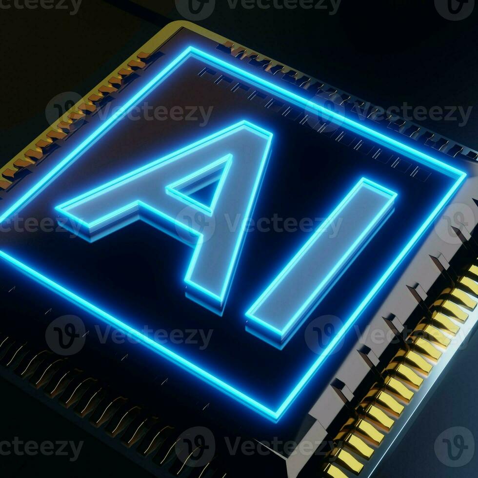 Computer chip with glowing blue neon light sign 3d render photo