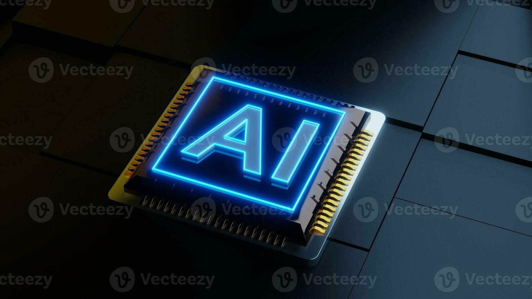 Computer chip with sigh in neon light 3d render photo