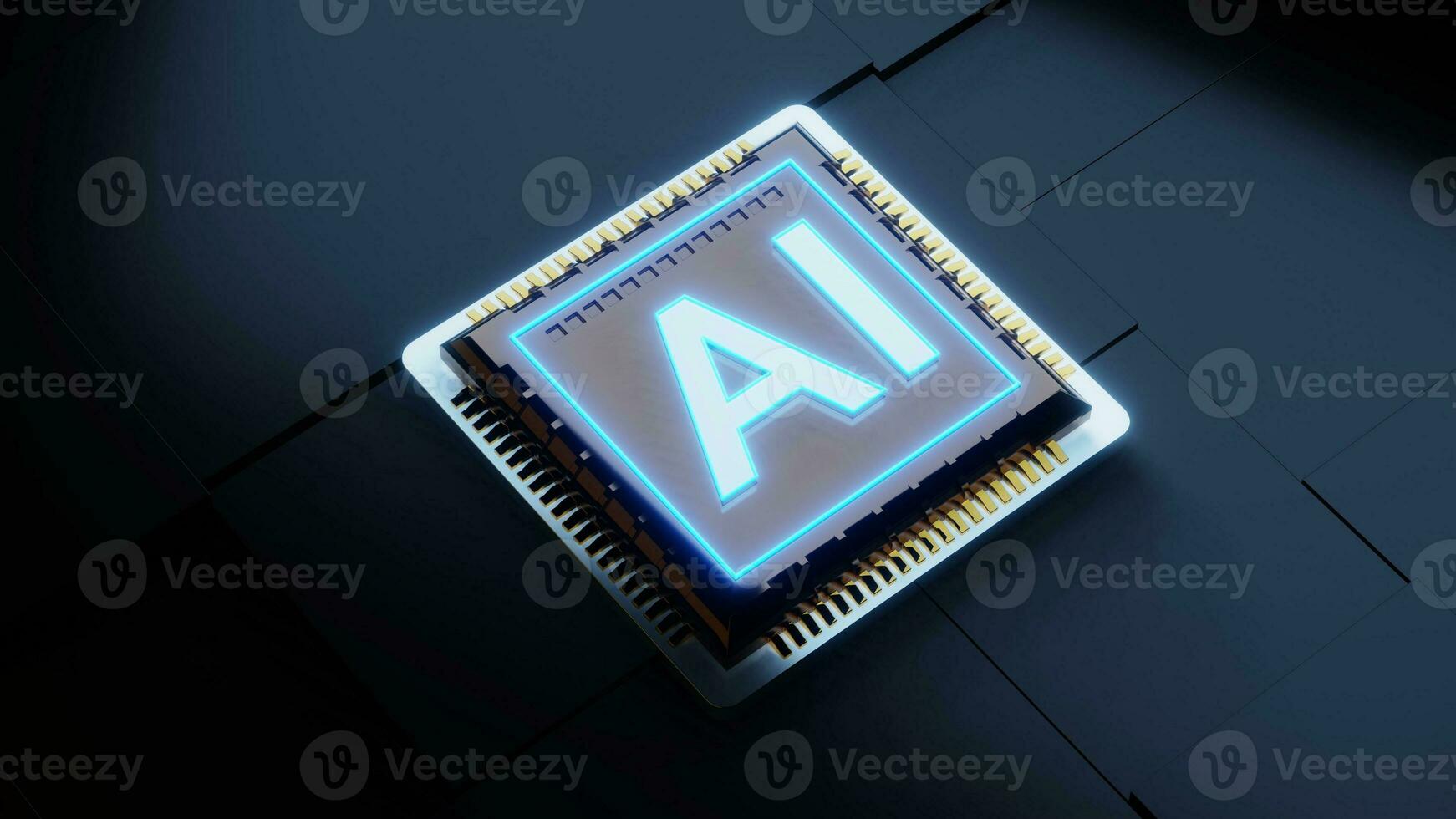 Blue neon sign on computer modern chip 3d render photo