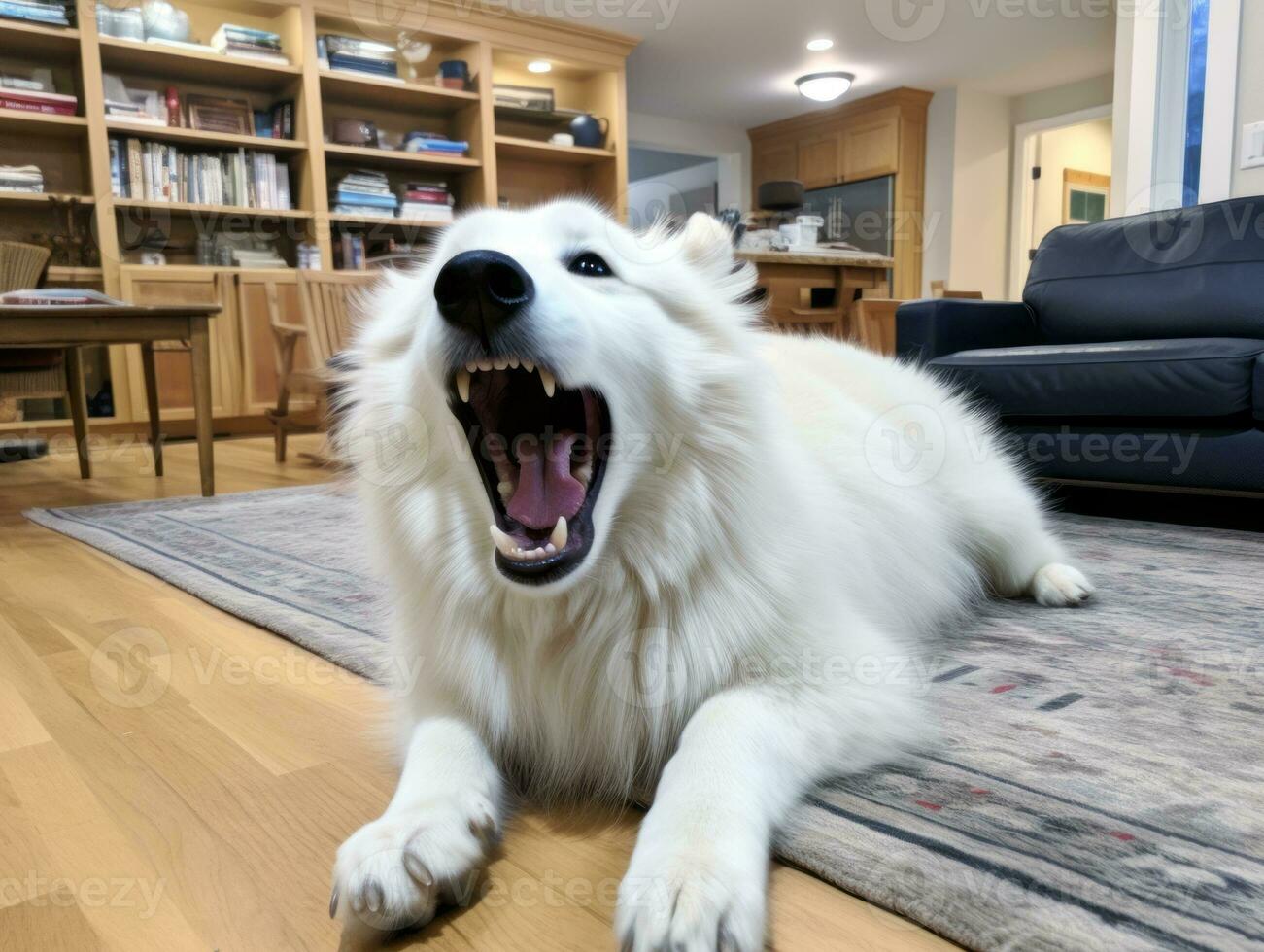 Content dog enjoying in the living room floor AI Generative photo
