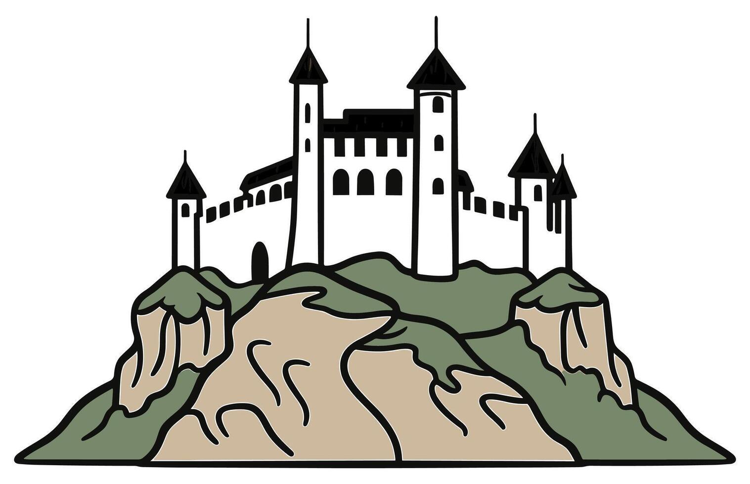 Medieval Castle on a Green hill. Fortified medieval stronghold or a hilltop fortress. vector