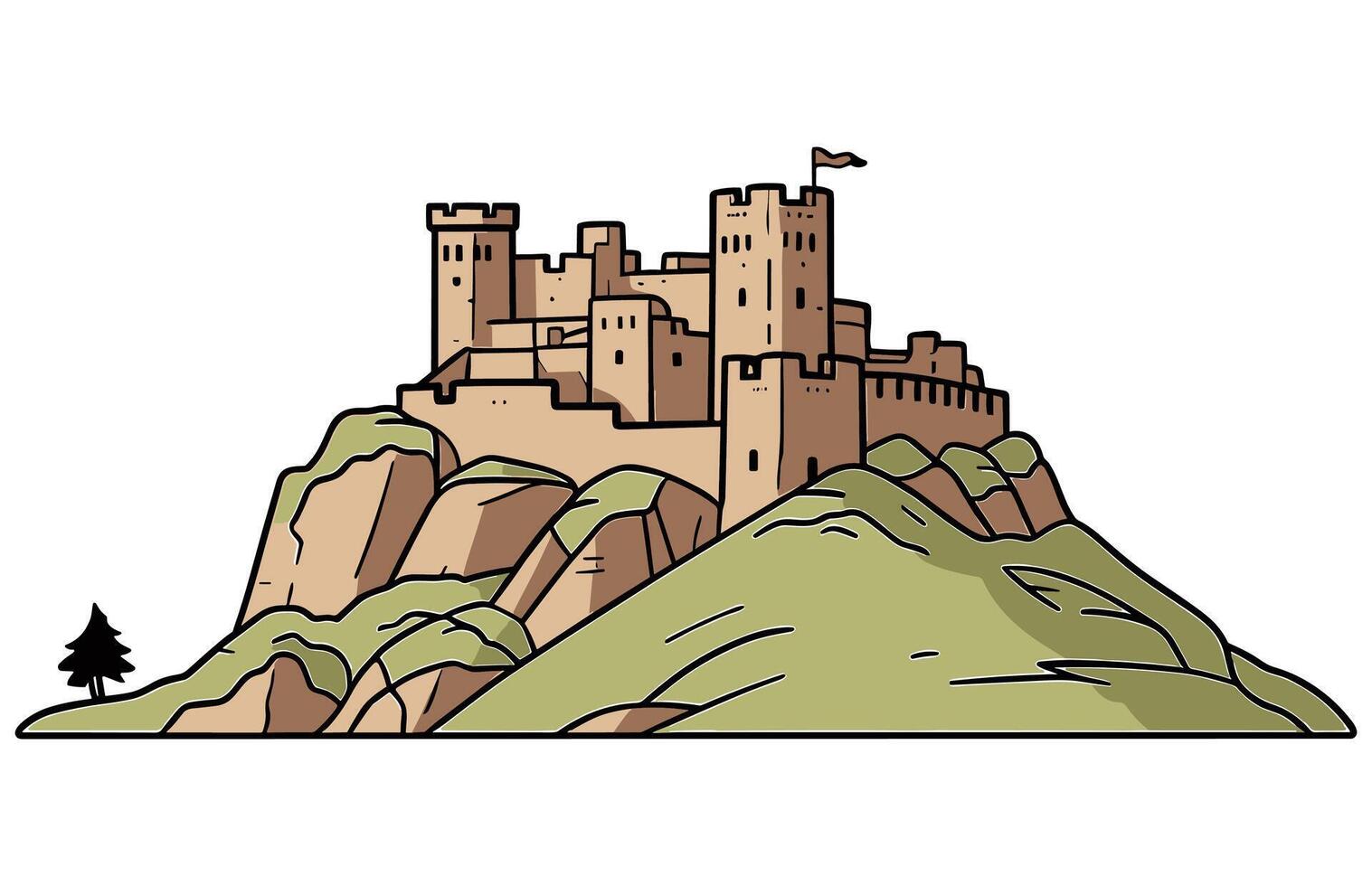 Medieval Castle on a Green hill. Fortified medieval stronghold or a hilltop fortress. vector