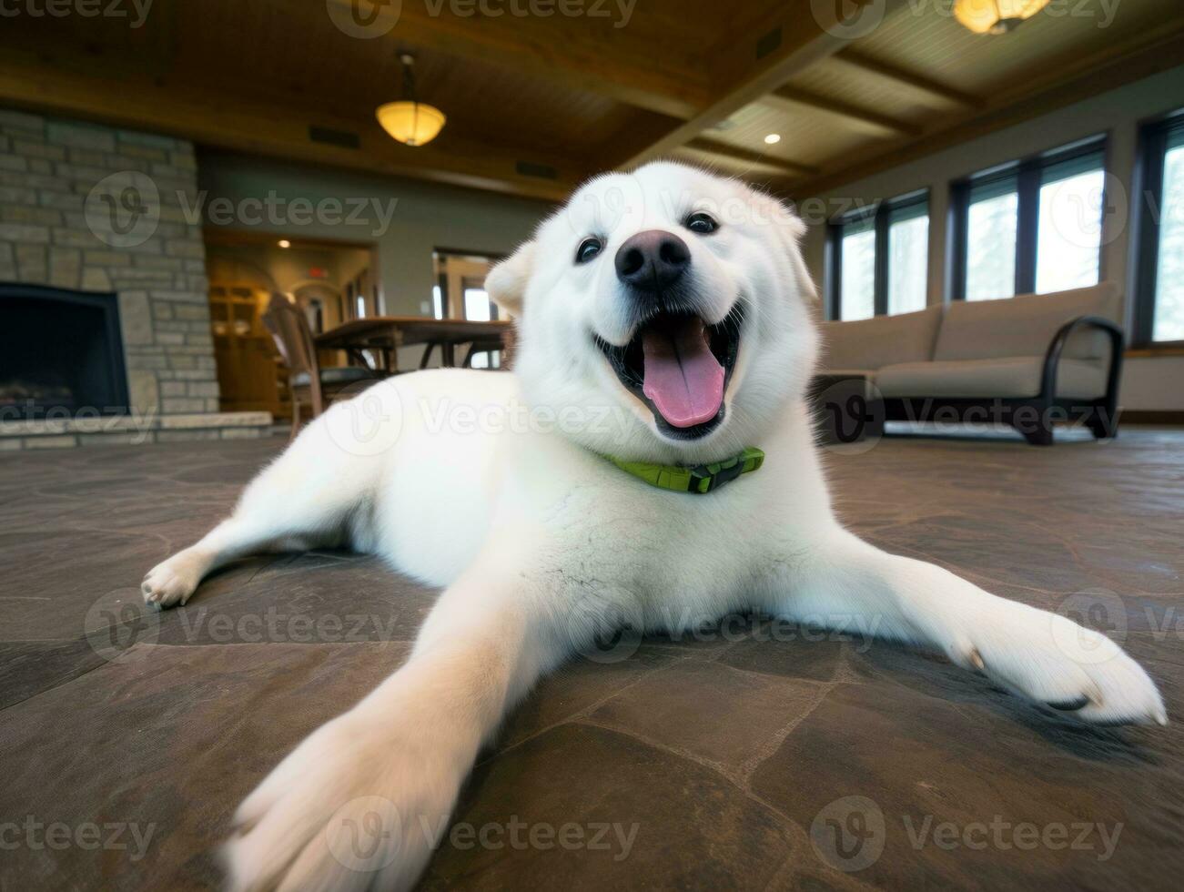Content dog enjoying in the living room floor AI Generative photo