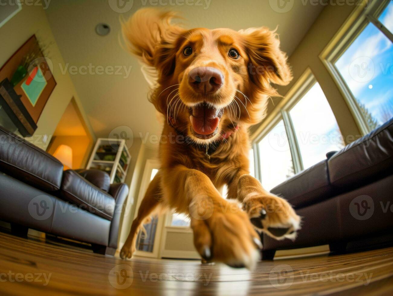 Content dog enjoying in the living room floor AI Generative photo