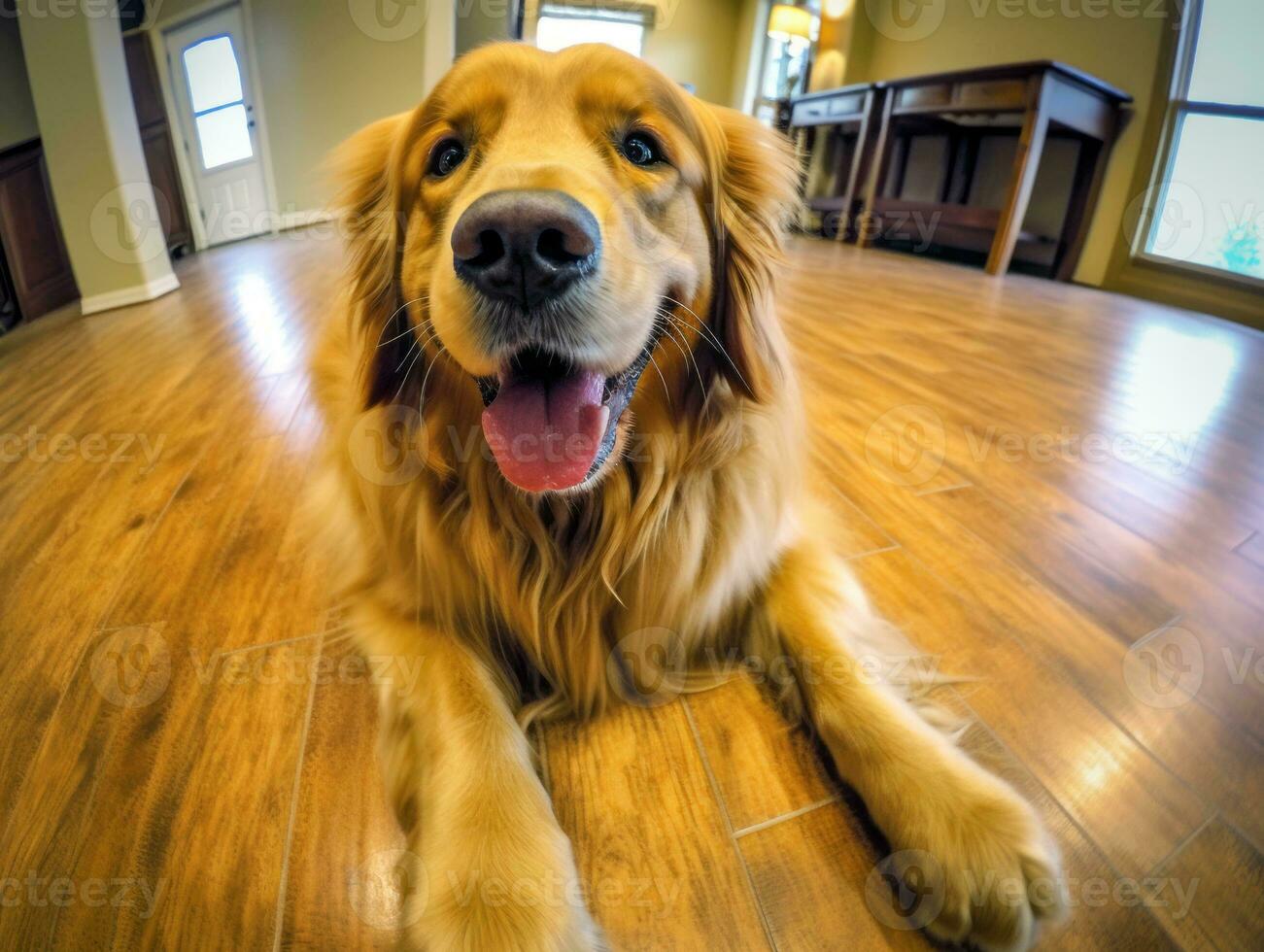 Content dog enjoying in the living room floor AI Generative photo