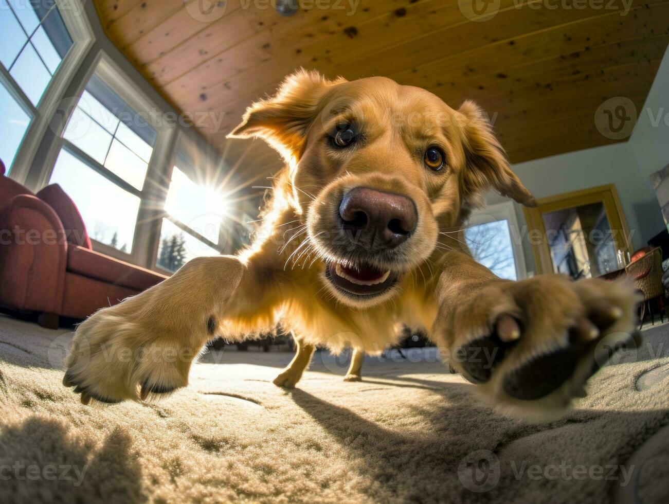 Content dog enjoying in the living room floor AI Generative photo