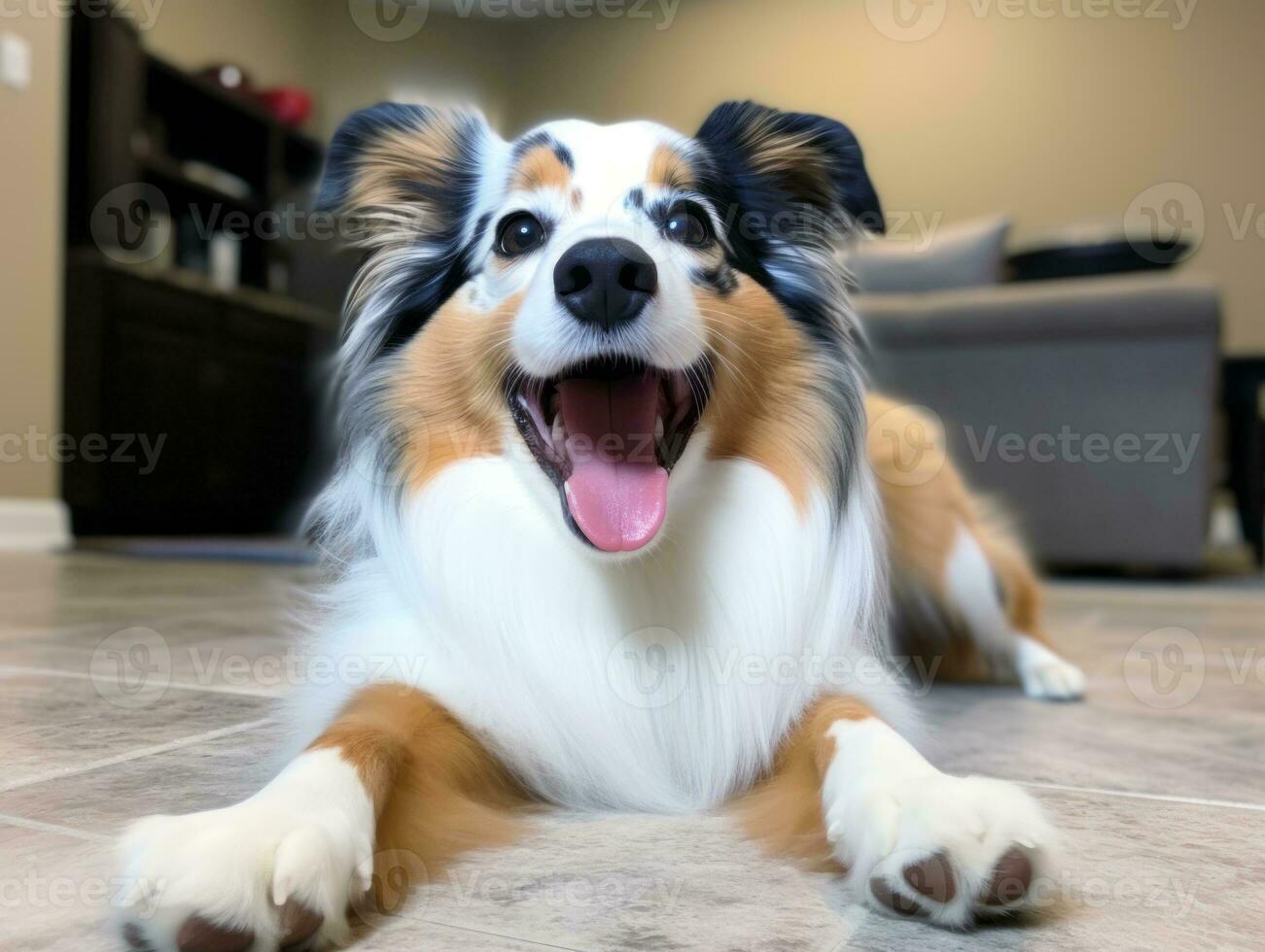 Content dog enjoying in the living room floor AI Generative photo