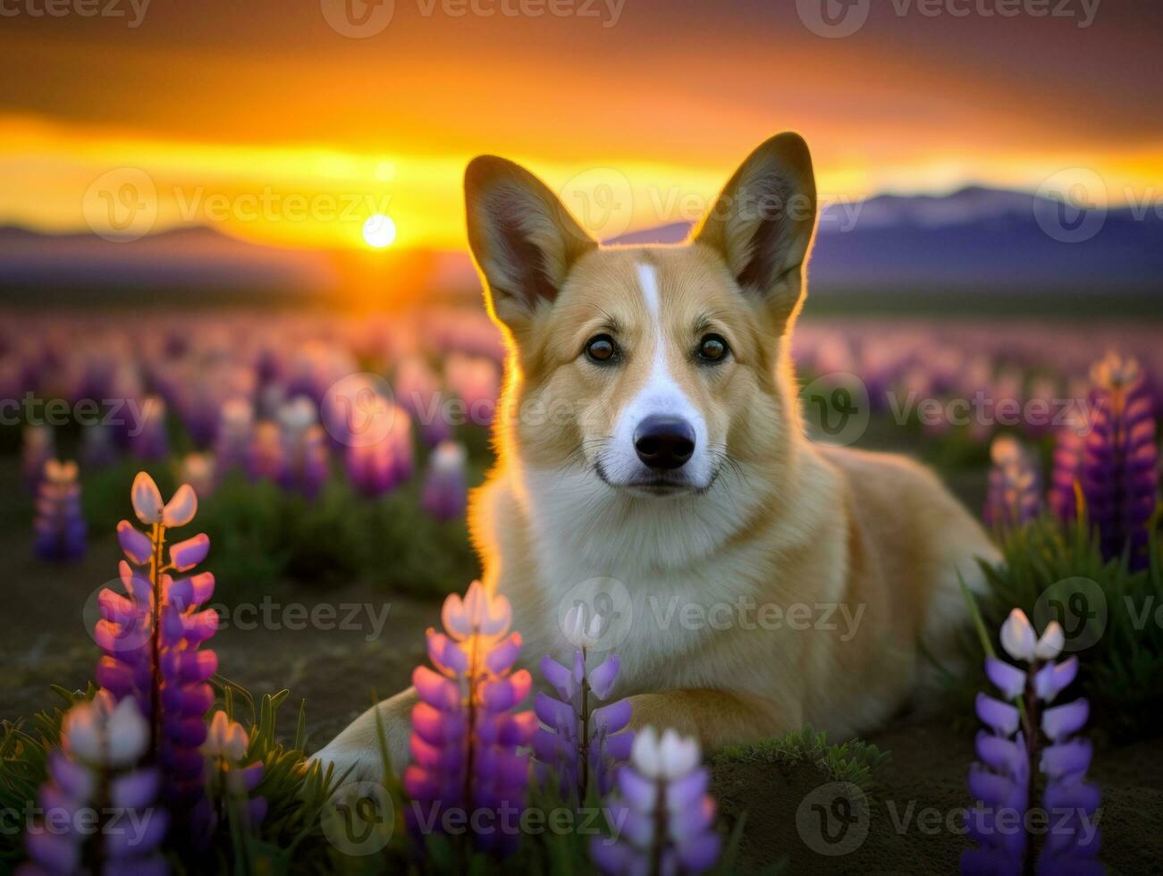 Curious dog exploring a field of blooming wildflower AI Generative photo