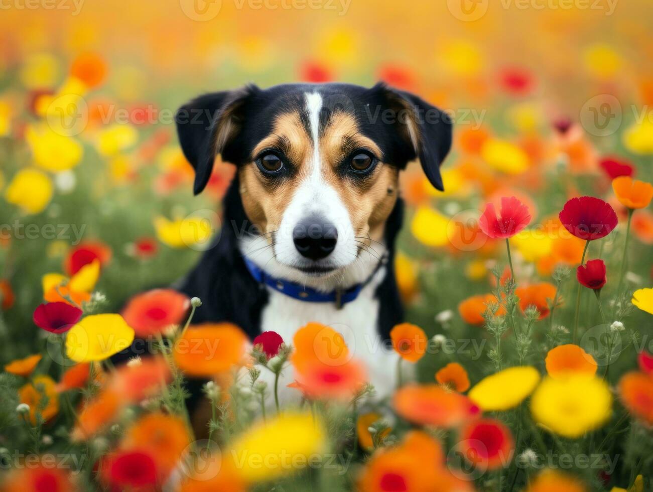 Curious dog exploring a field of blooming wildflower AI Generative photo