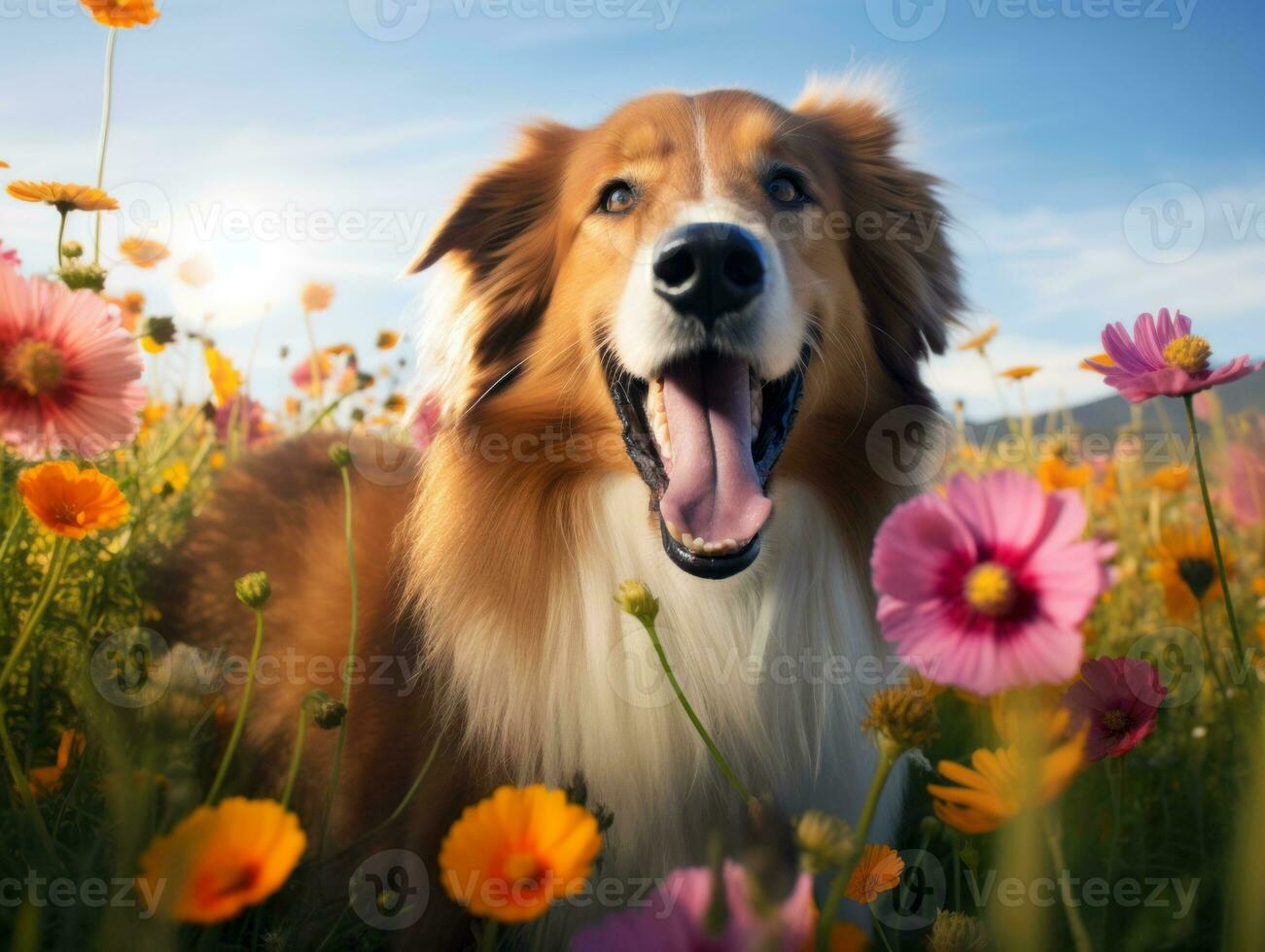 Curious dog exploring a field of blooming wildflower AI Generative photo