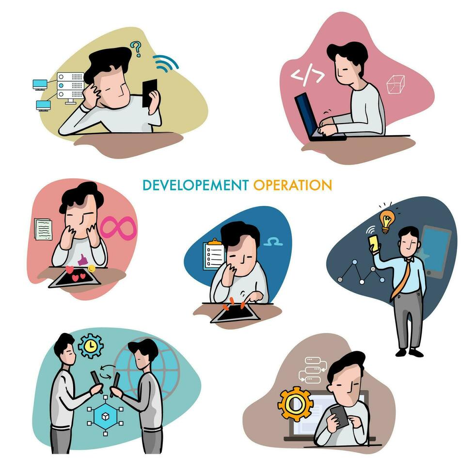 man working development operation with computer smart phone and pad vector