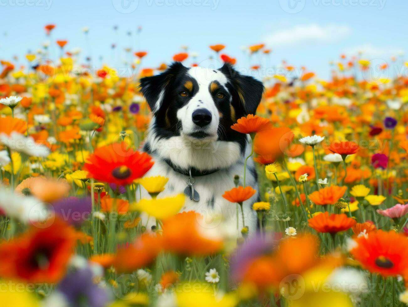 Curious dog exploring a field of blooming wildflower AI Generative photo