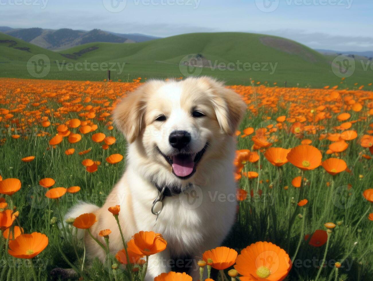 Curious dog exploring a field of blooming wildflower AI Generative photo