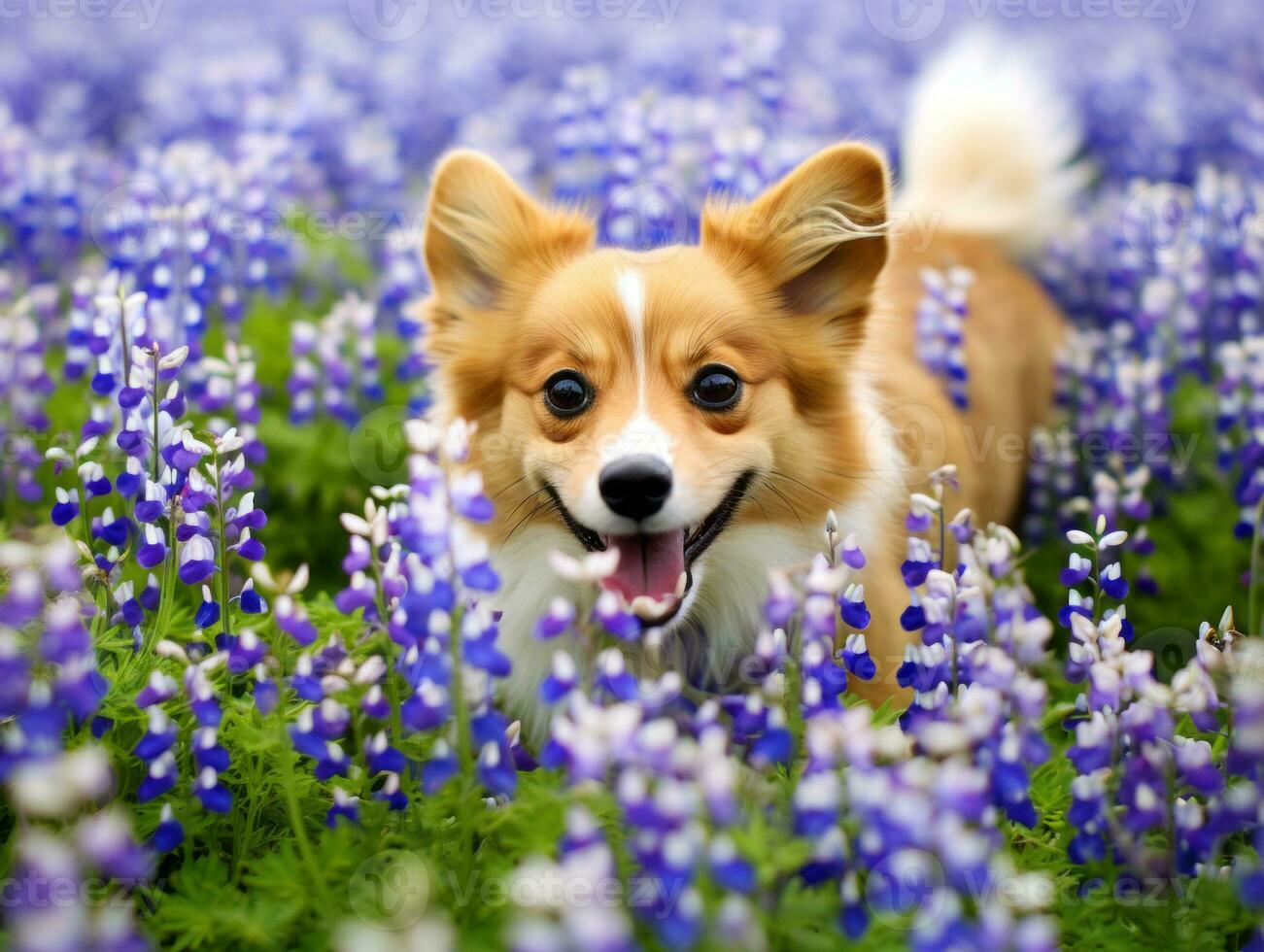 Curious dog exploring a field of blooming wildflower AI Generative photo