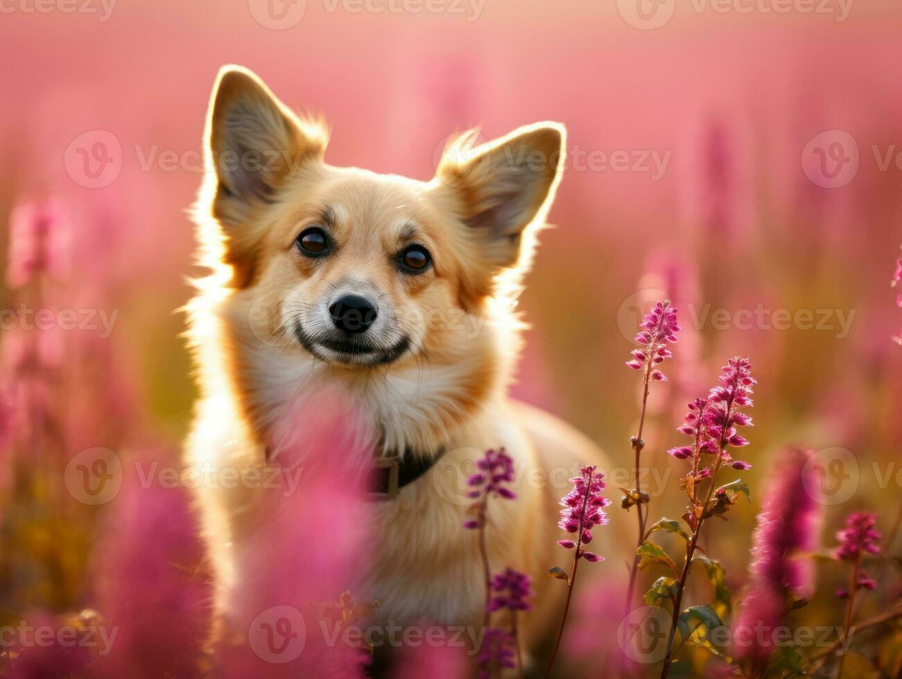 Curious dog exploring a field of blooming wildflower AI Generative photo