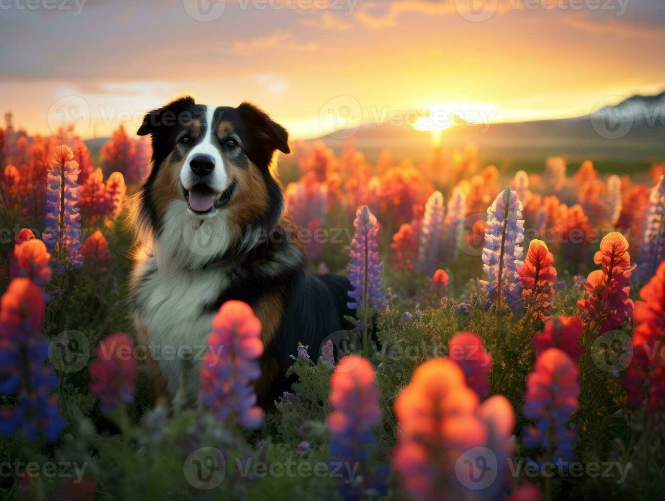 Curious dog exploring a field of blooming wildflower AI Generative photo