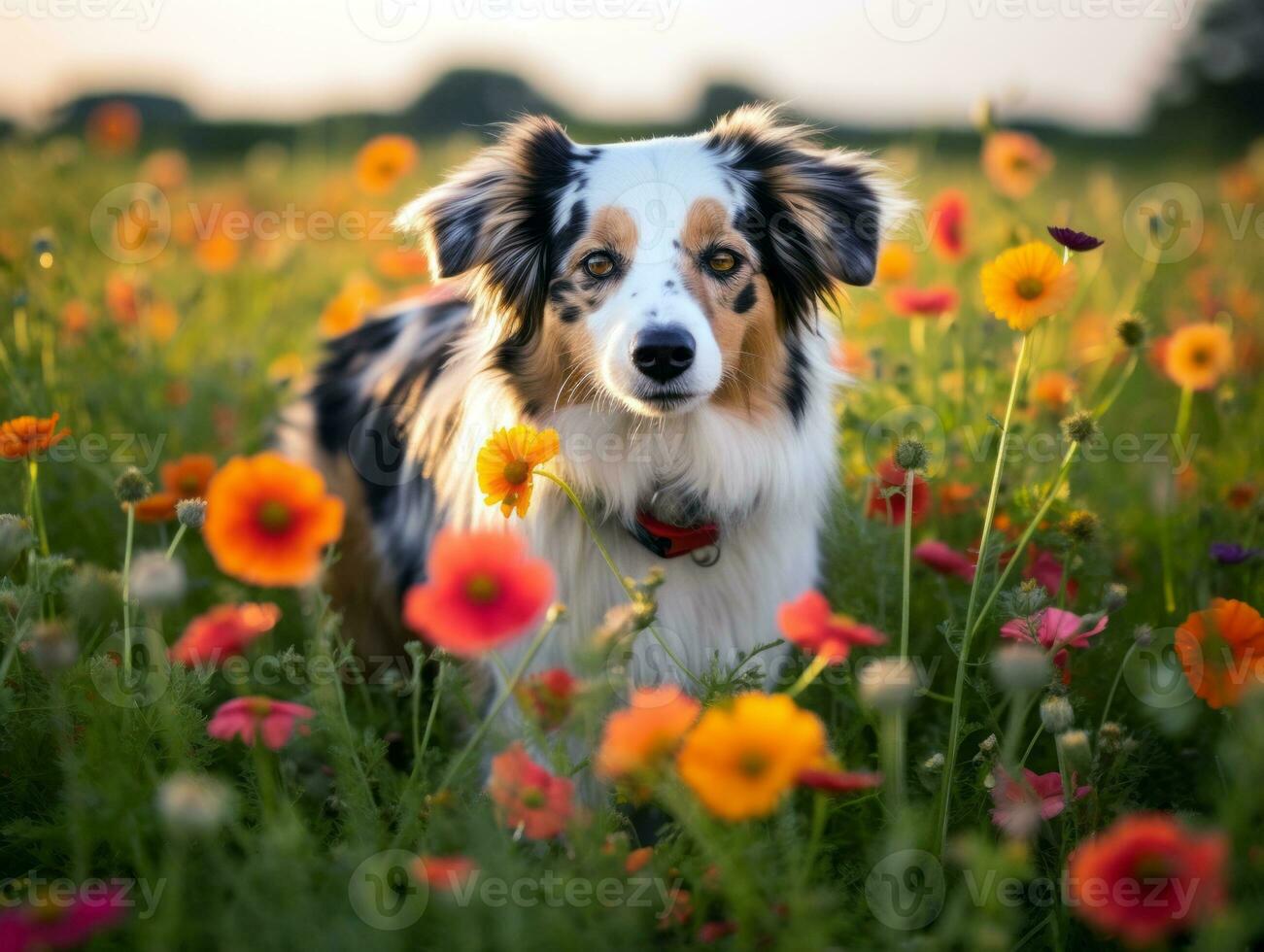 Curious dog exploring a field of blooming wildflower AI Generative photo